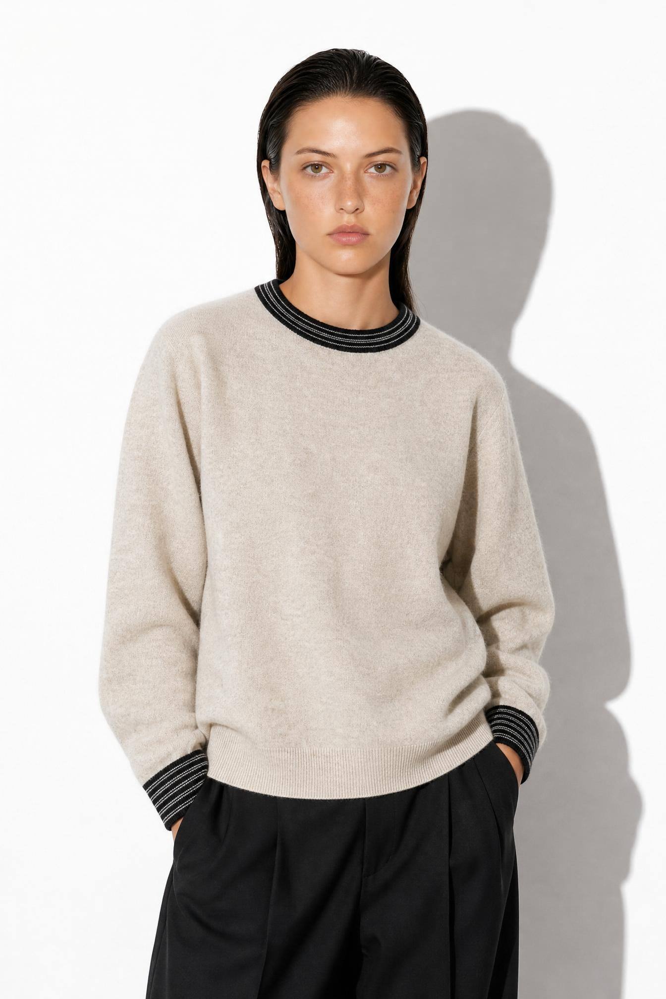 Wholesaler JAMILLA - Soft Knit Crew Neck Sweater with Contrasting Striped Edges