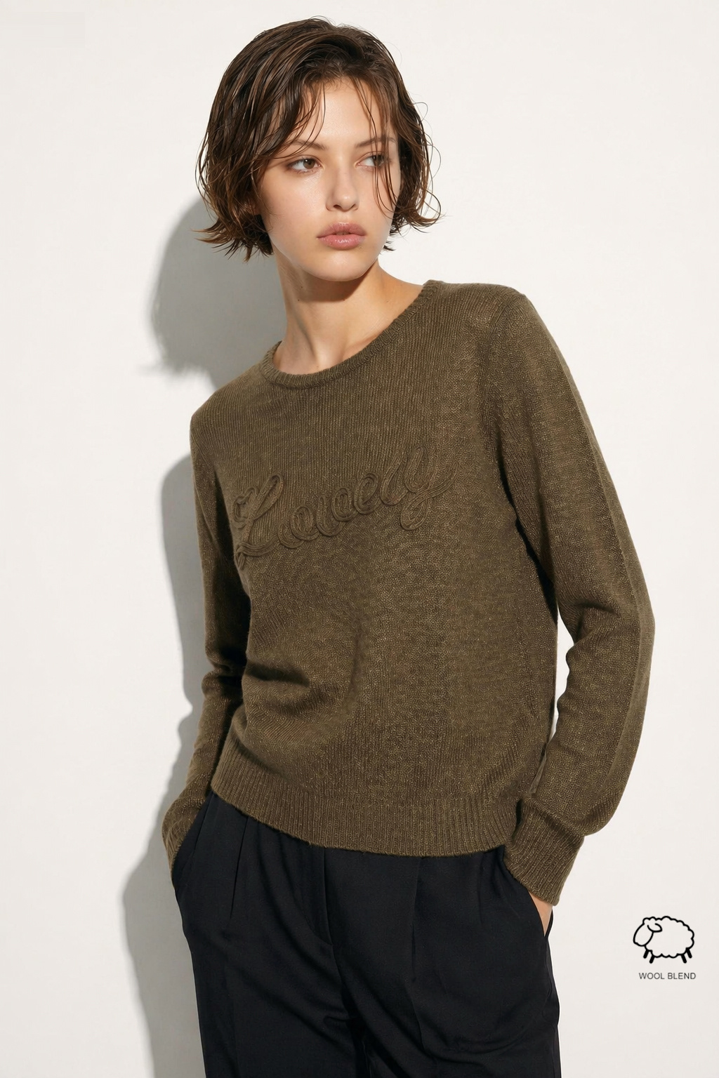 Wholesaler JAMILLA - Crew Neck Wool Blend Sweater with 3D Embroidered Lettering