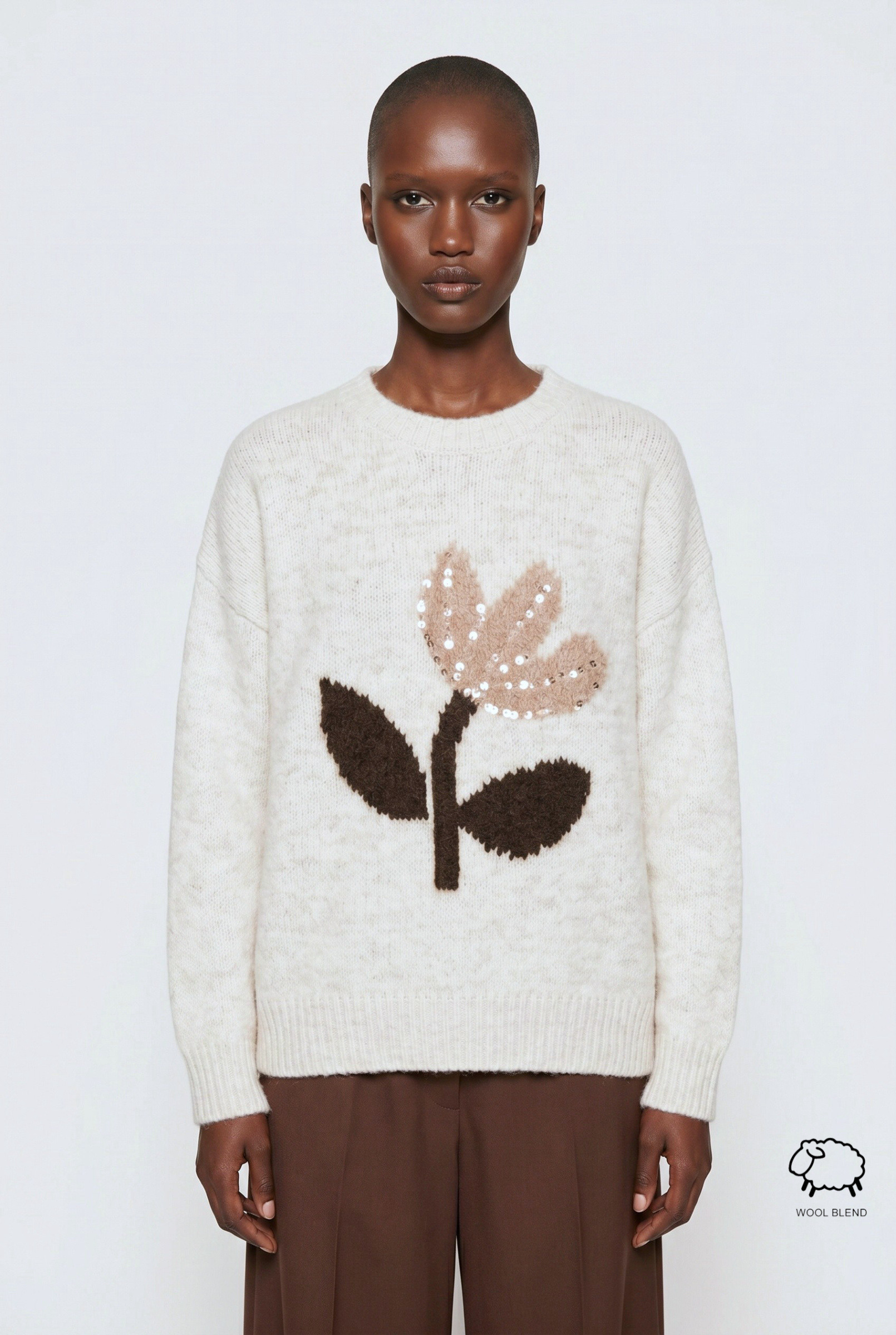Wholesaler JAMILLA - Crew Neck Wool Blend Sweater with Intarsia Flower Design and Sequins