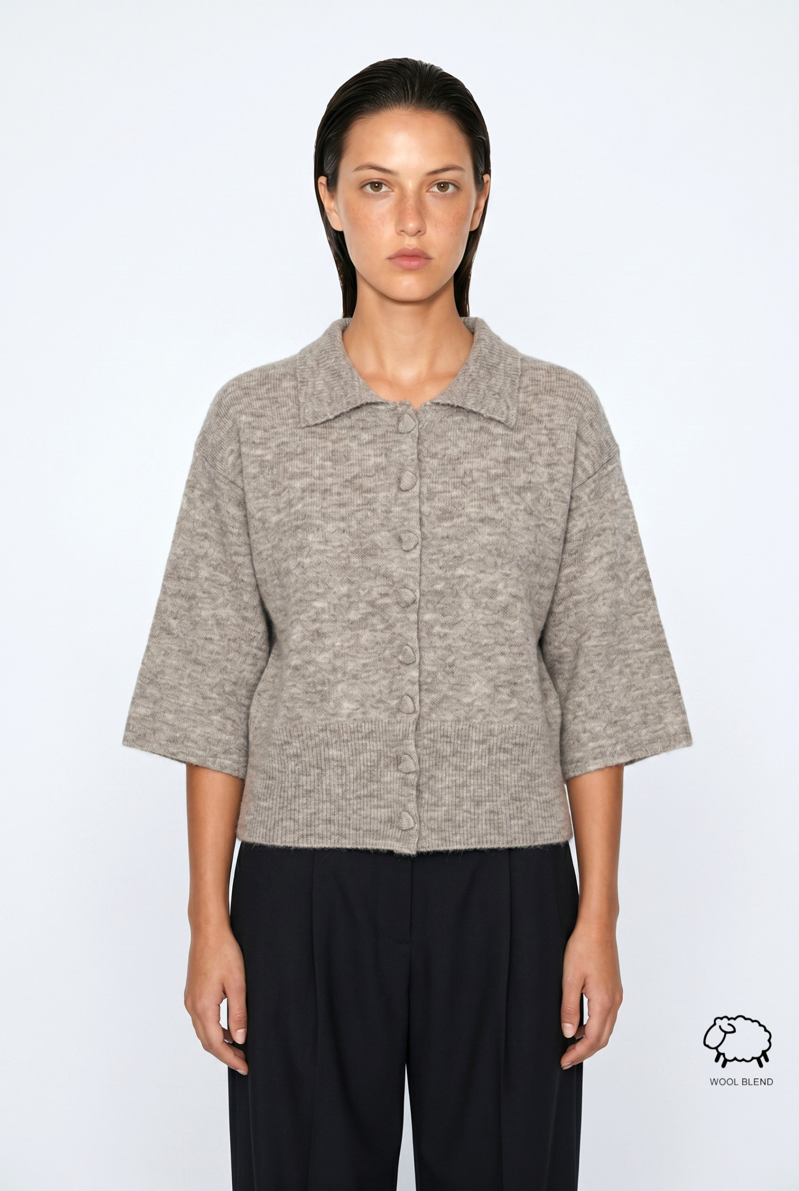 Wholesaler JAMILLA - Mixed Wool Cardigan with Polo Collar, Heart-Covered Buttons and Three-Quarter Sleeves