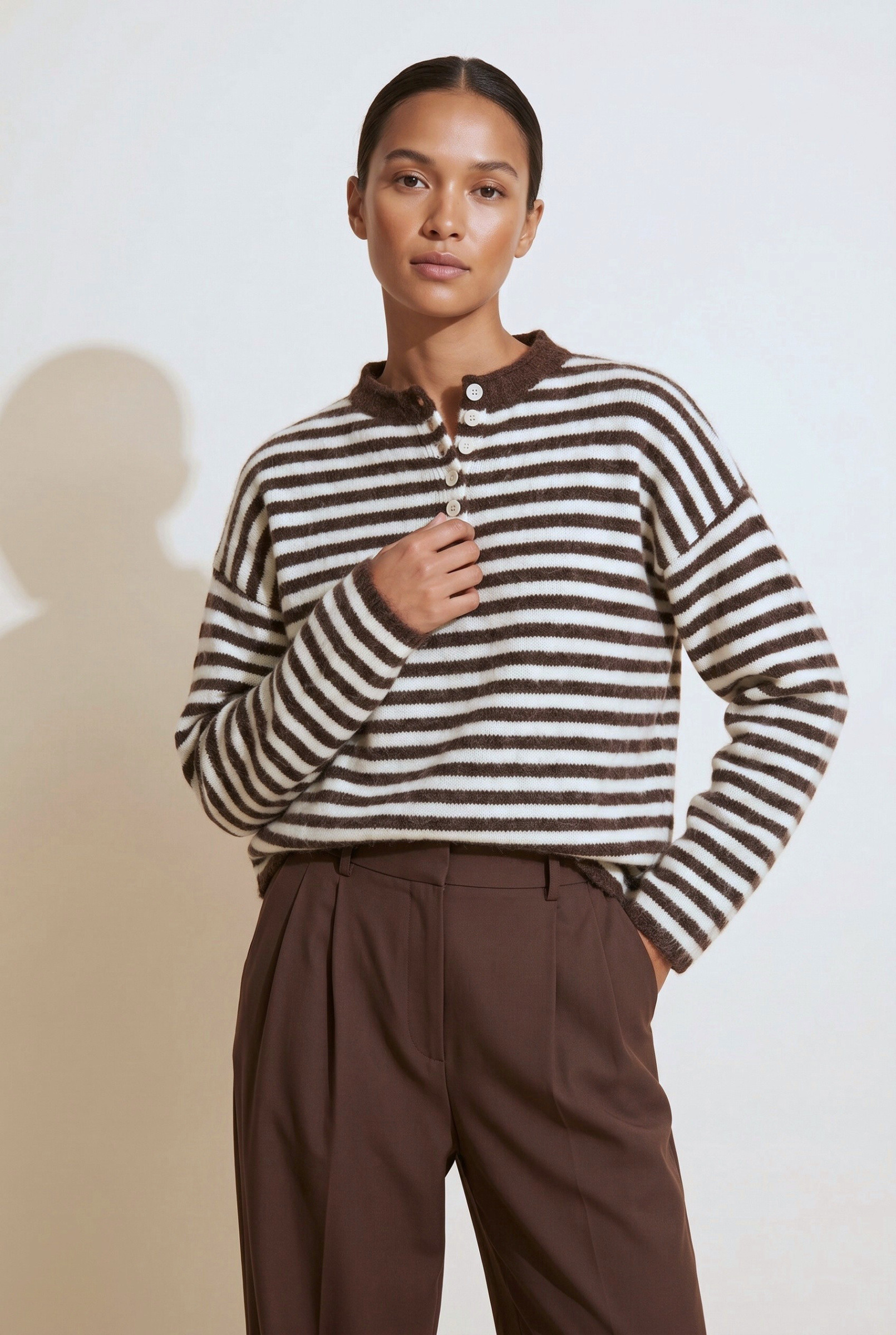 Wholesaler JAMILLA - Horizontal Striped Sweater with Collar and Front Buttons