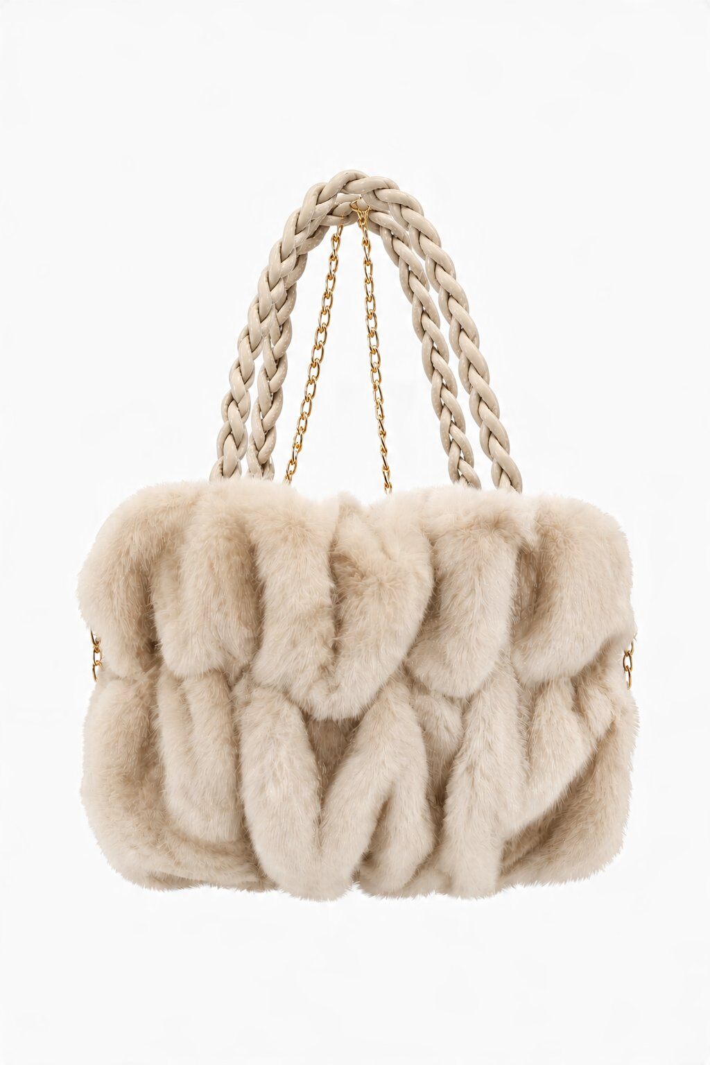 Großhändler JAMILLA - Schultertasche im Nerz-Look mit Rüschen-Design, Doppelten Geflochtenen Griffen, Goldfarbener Metallkettengurt