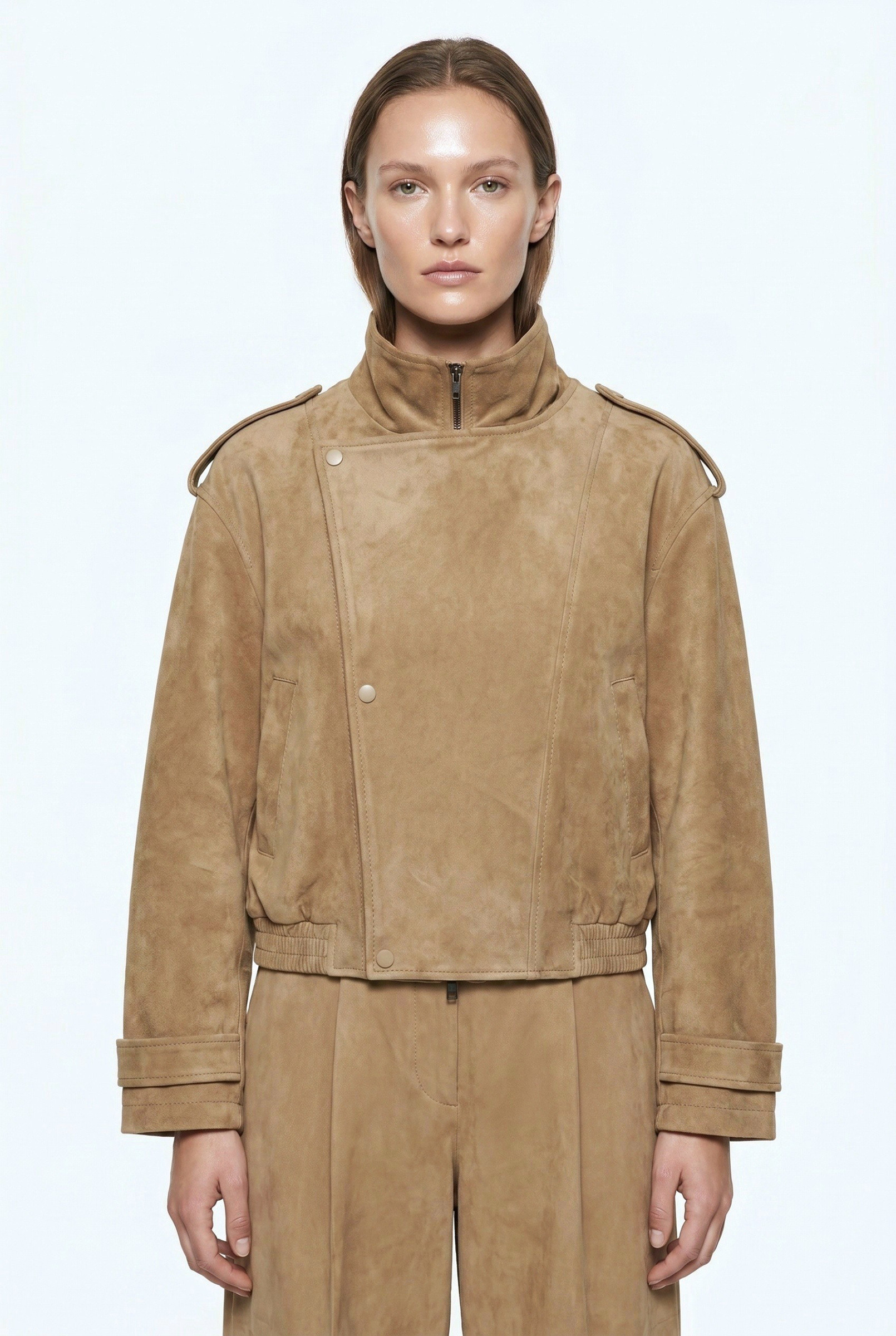 Wholesaler JAMILLA - Short Suede-Effect Jacket with Asymmetric Closure, Wrist Straps, and Elasticated Hem