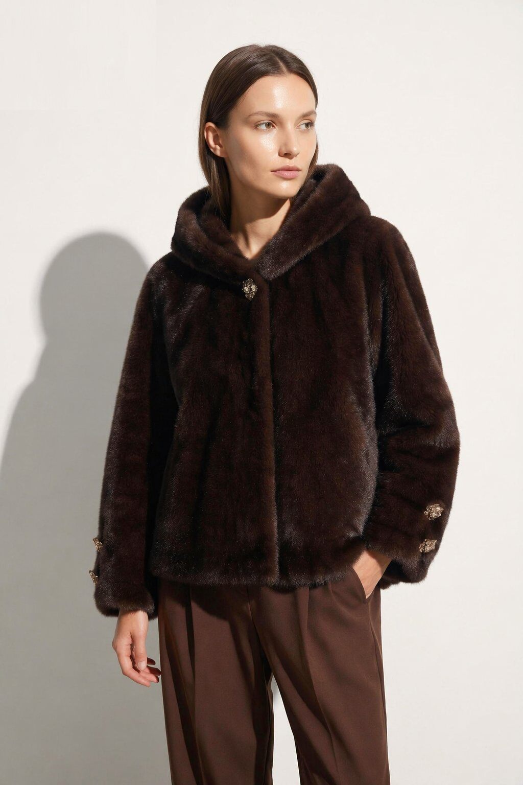 Wholesaler JAMILLA - Short Faux Fur Jacket with Hood and Jewel Buttons on the Collar and Cuffs