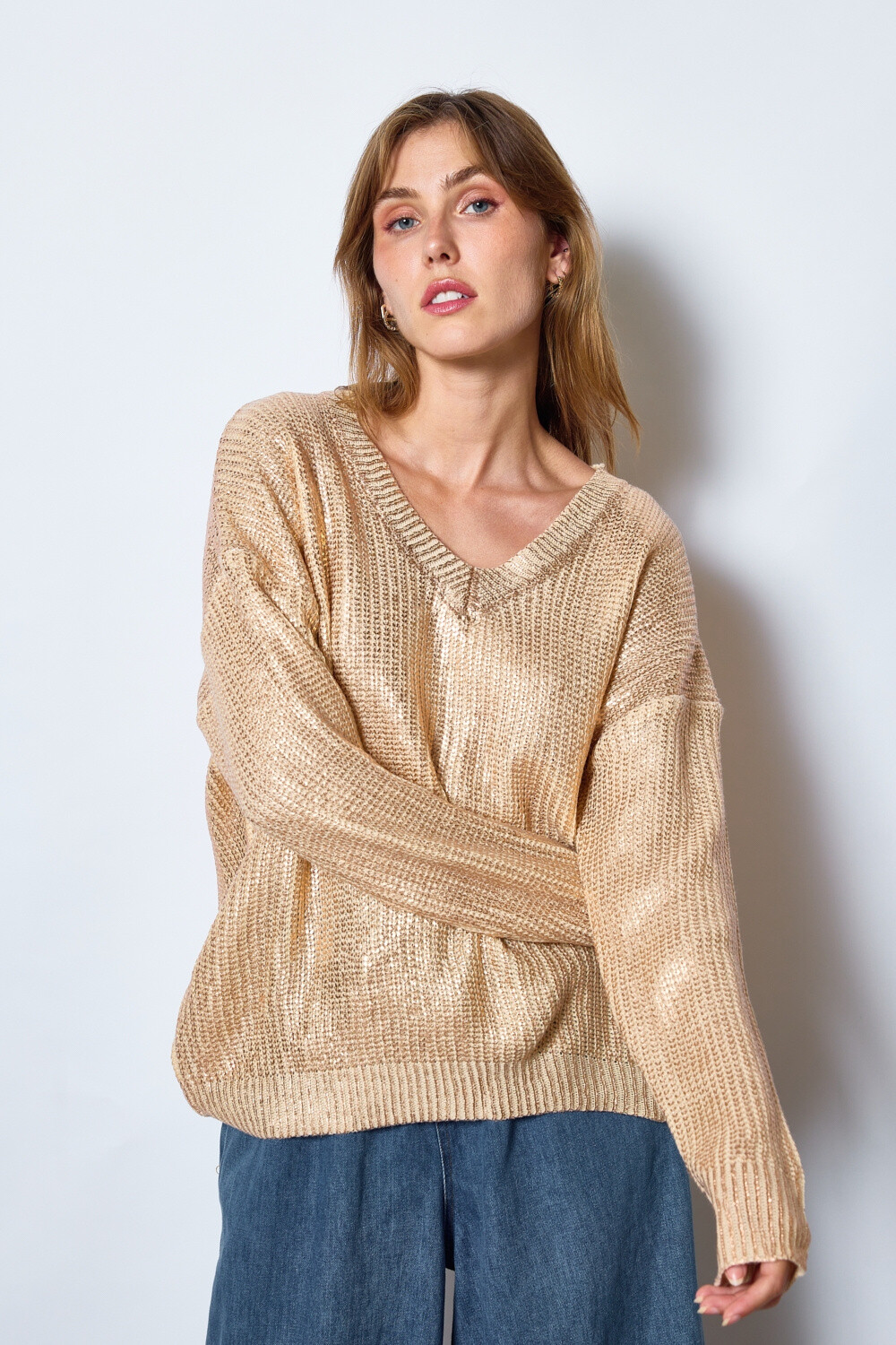 Grossiste JCL Paris - Pull oversize en maille métallisée de couleur rosé