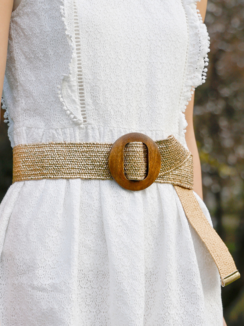 Grossiste JCL - Ceinture raphia en paille élastiqué boucle en bois