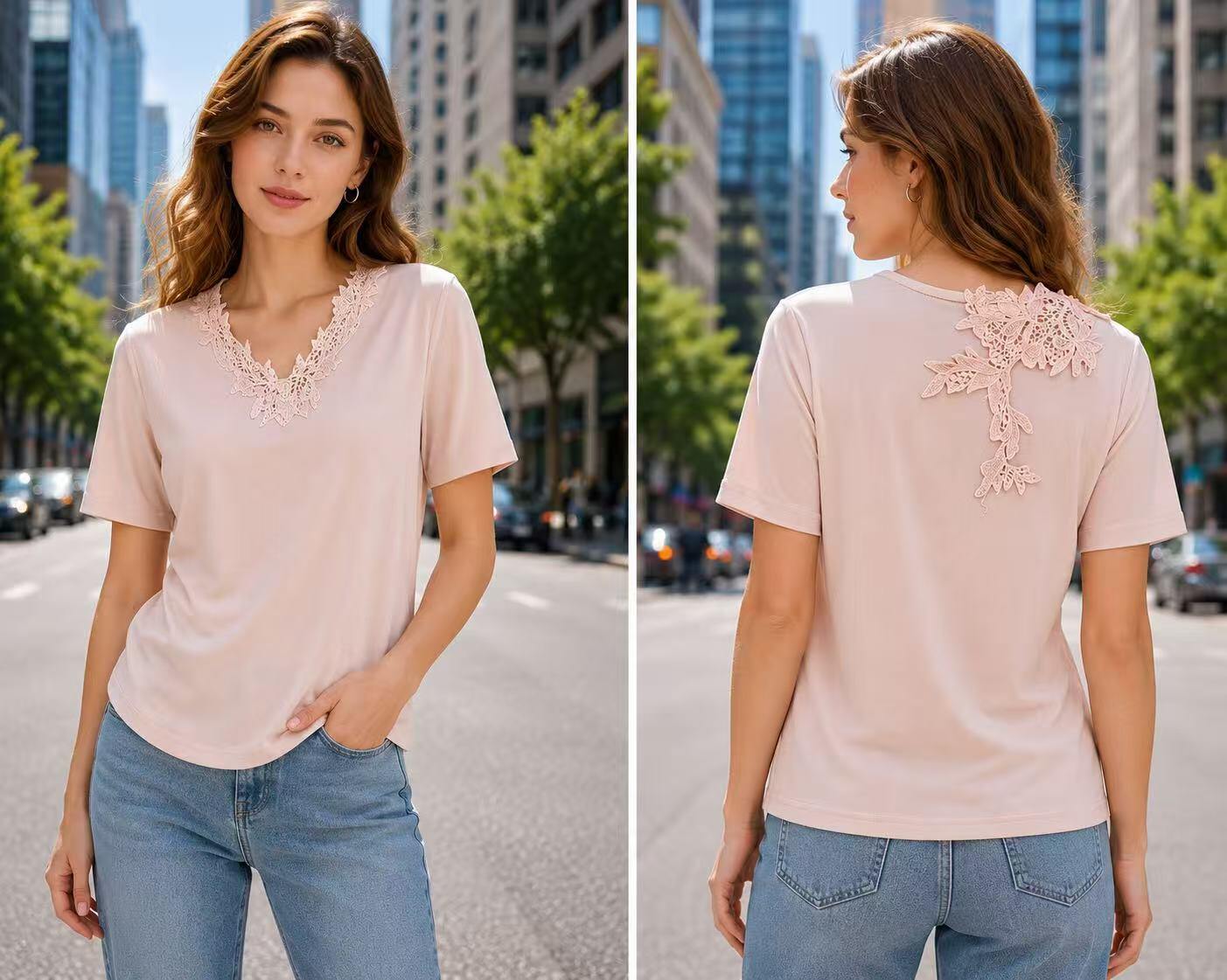 Mayorista Jolio & Co - Camiseta de manga corta adornada con delicados encajes florales en los hombros y el escote. Su corte fluido y cómodo ofrece un
