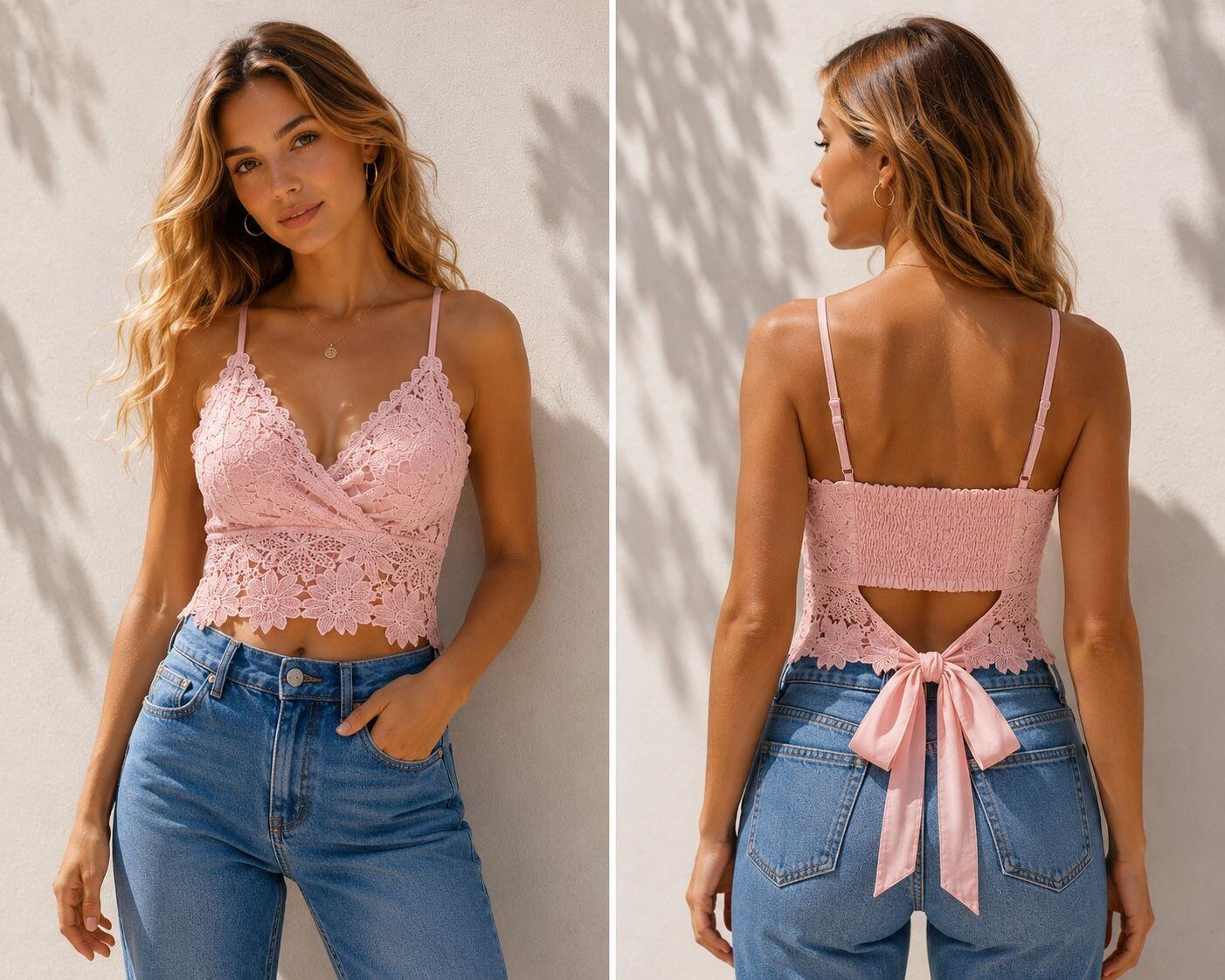 Wholesaler Jolio & Co - Women's top in powder pink lace with adjustable thin straps, featuring a wrap-over neckline and refined floral finishes. Open back with tied detail and