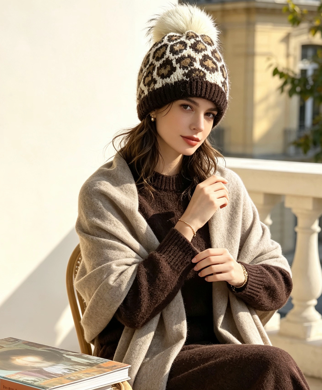 Mayorista JERRY.AMY - Gorro con estampado de leopardo y pompón