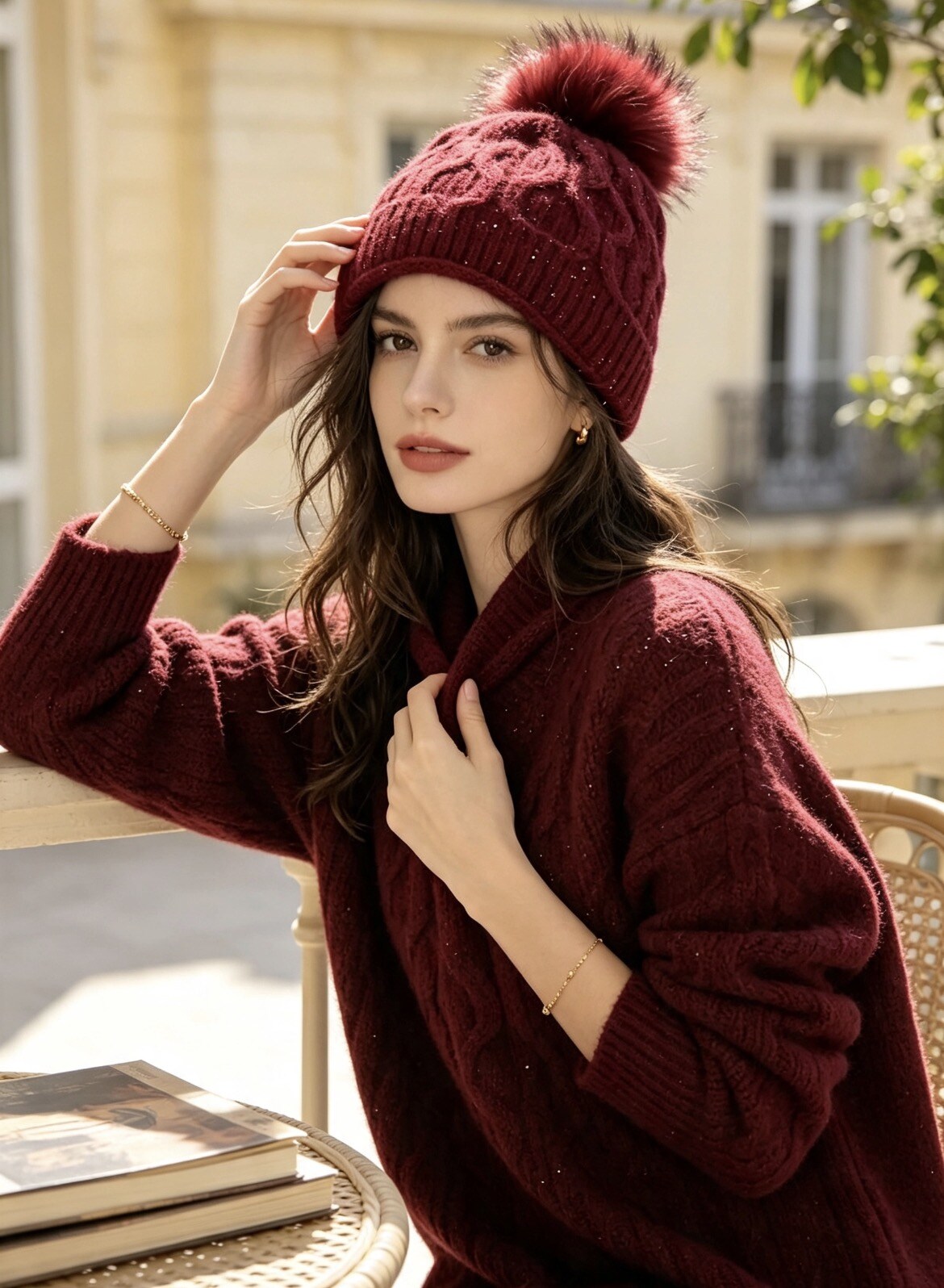 Wholesaler JERRY.AMY - Cable Knit Winter Hat with Sequins and Pom Pom
