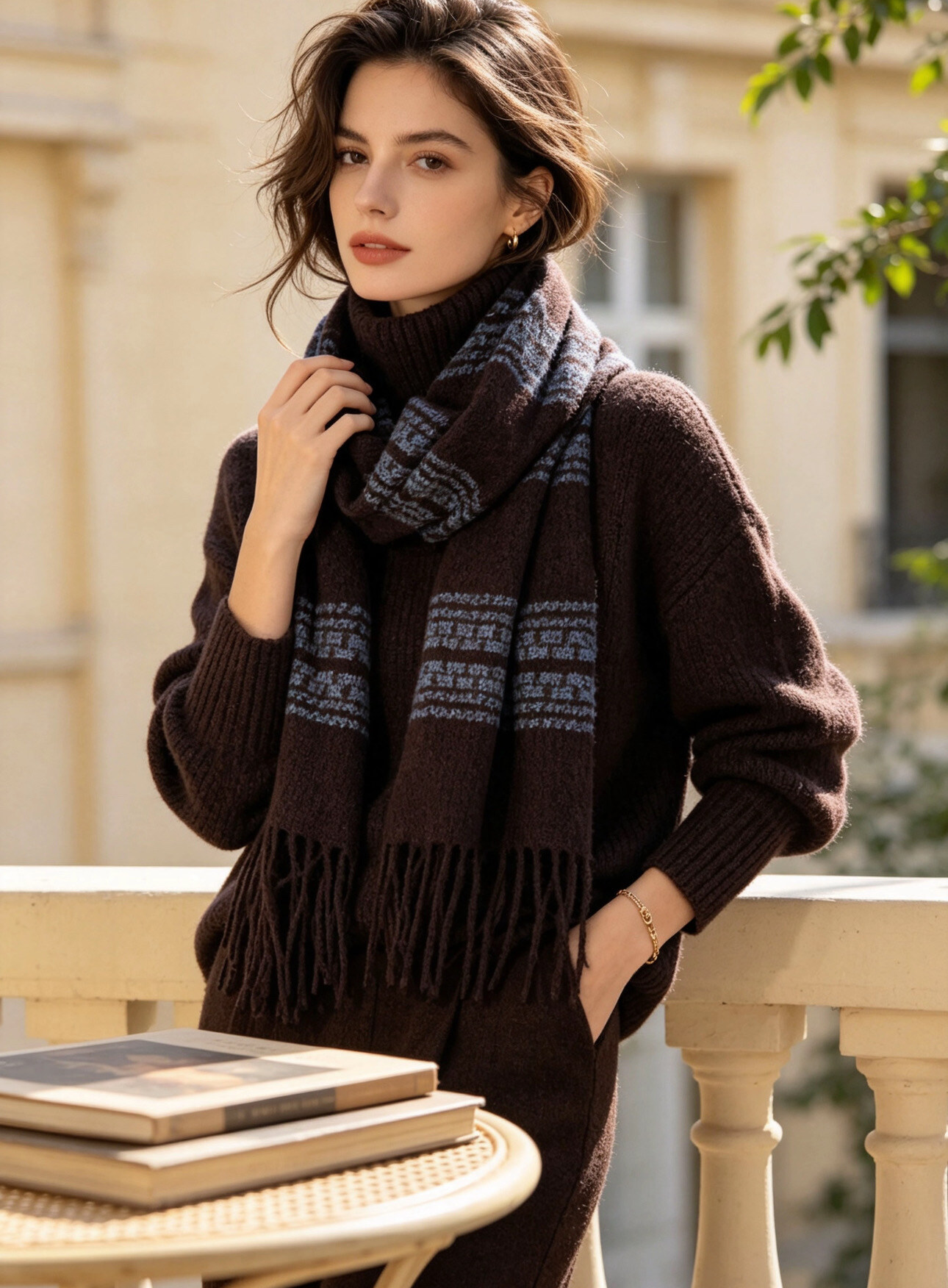 Grossiste JERRY.AMY - Écharpe d'hiver en maille jacquard à rayures géométriques avec franges