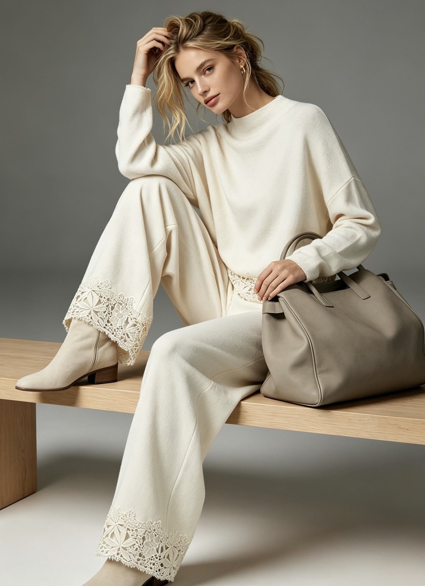 Grossiste JERRY.AMY - Pantalon large en maille douce avec bordure en dentelle florale