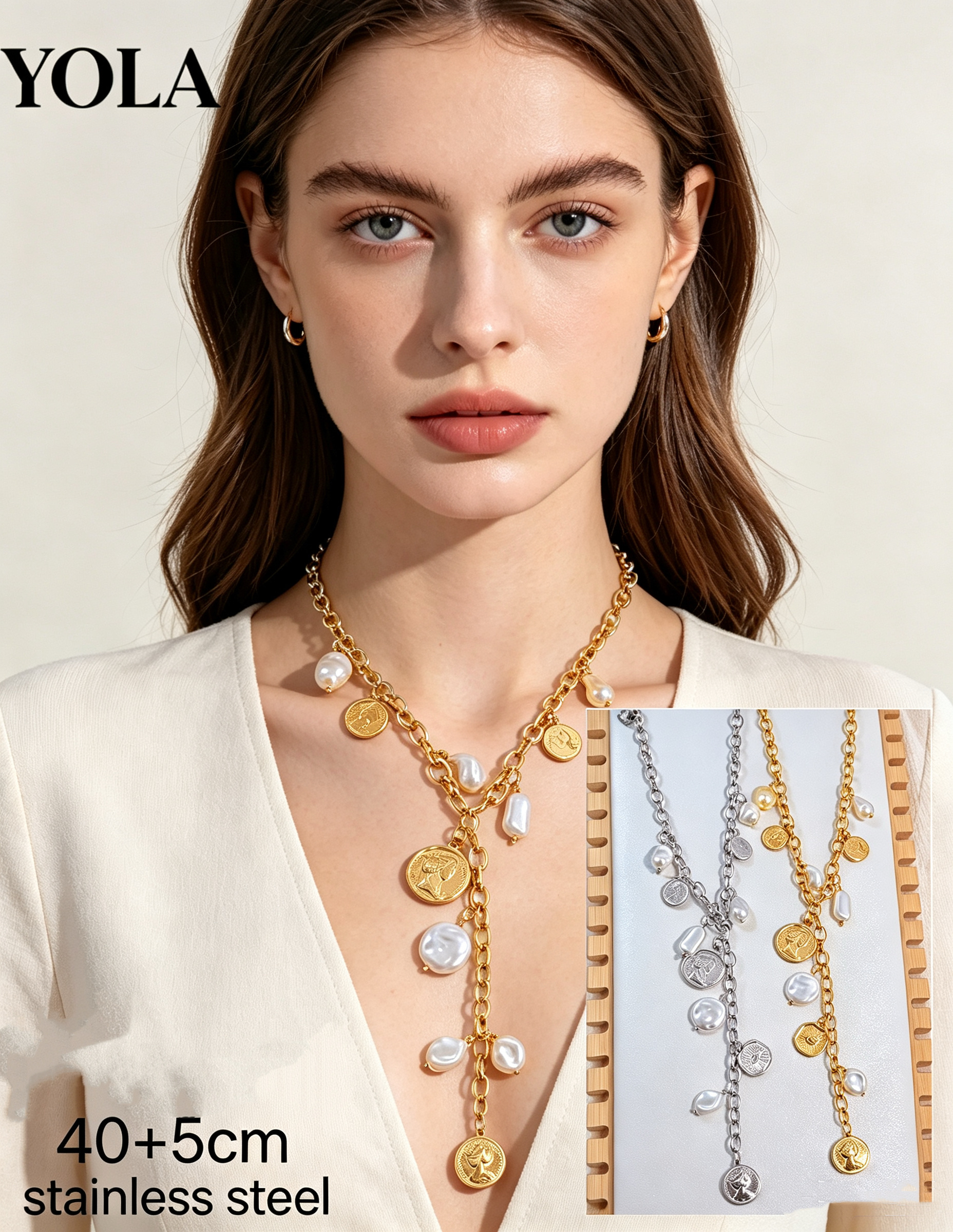 Grossiste JESSICA - Voici un collier médaillon rond avec perles baroques, fabriqué en acier inoxydable, avec une longueur de chaîne de 40 cm + 5 cm de rallonge. Le collier présente un design à grosse chaîne, mélangeant des perles baroques irrégulières et un pendentif médaill
