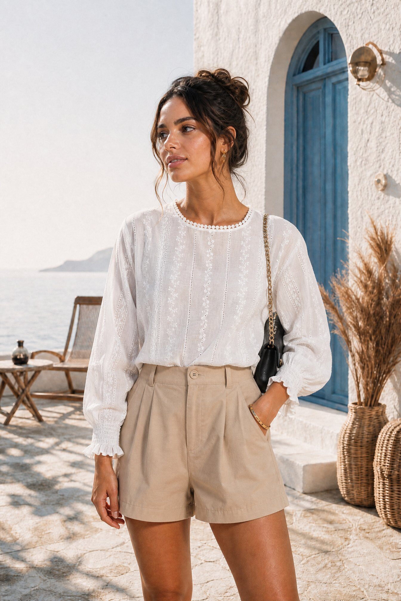 Mayorista Jessy Line - Blusa de algodón bordada con mangas fruncidas