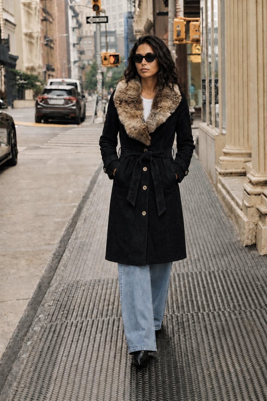 Grossiste Jessy Line - Manteau Effet Daim Col Fourrure Amovible