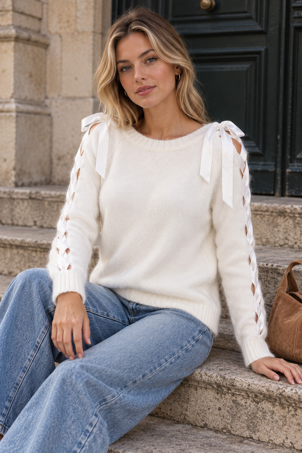 Wholesaler Jessy Line - Angora Sweater with Ribbon Sleeves