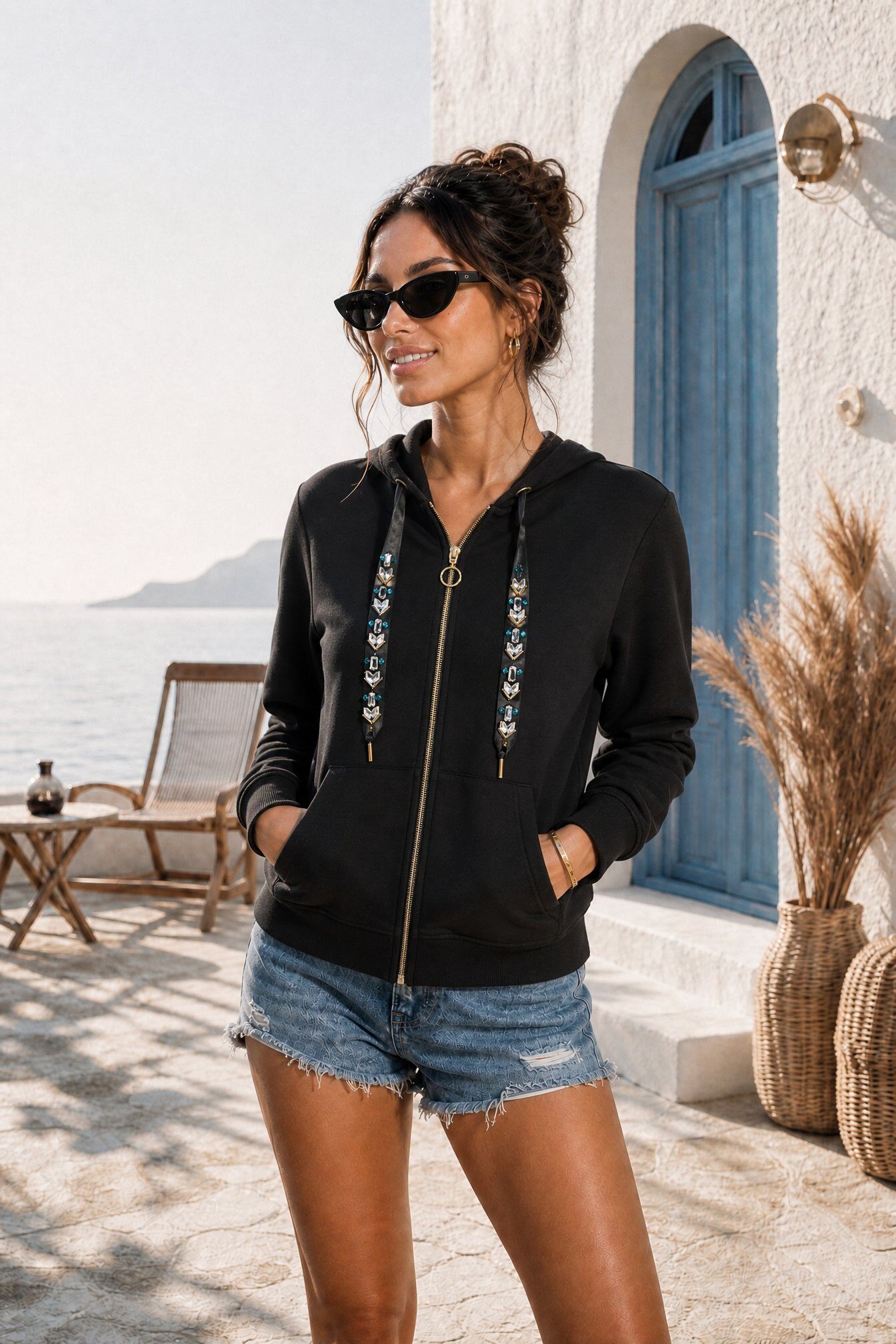 Mayorista Jessy Line - Sudadera con capucha y cremallera de forro polar con strass