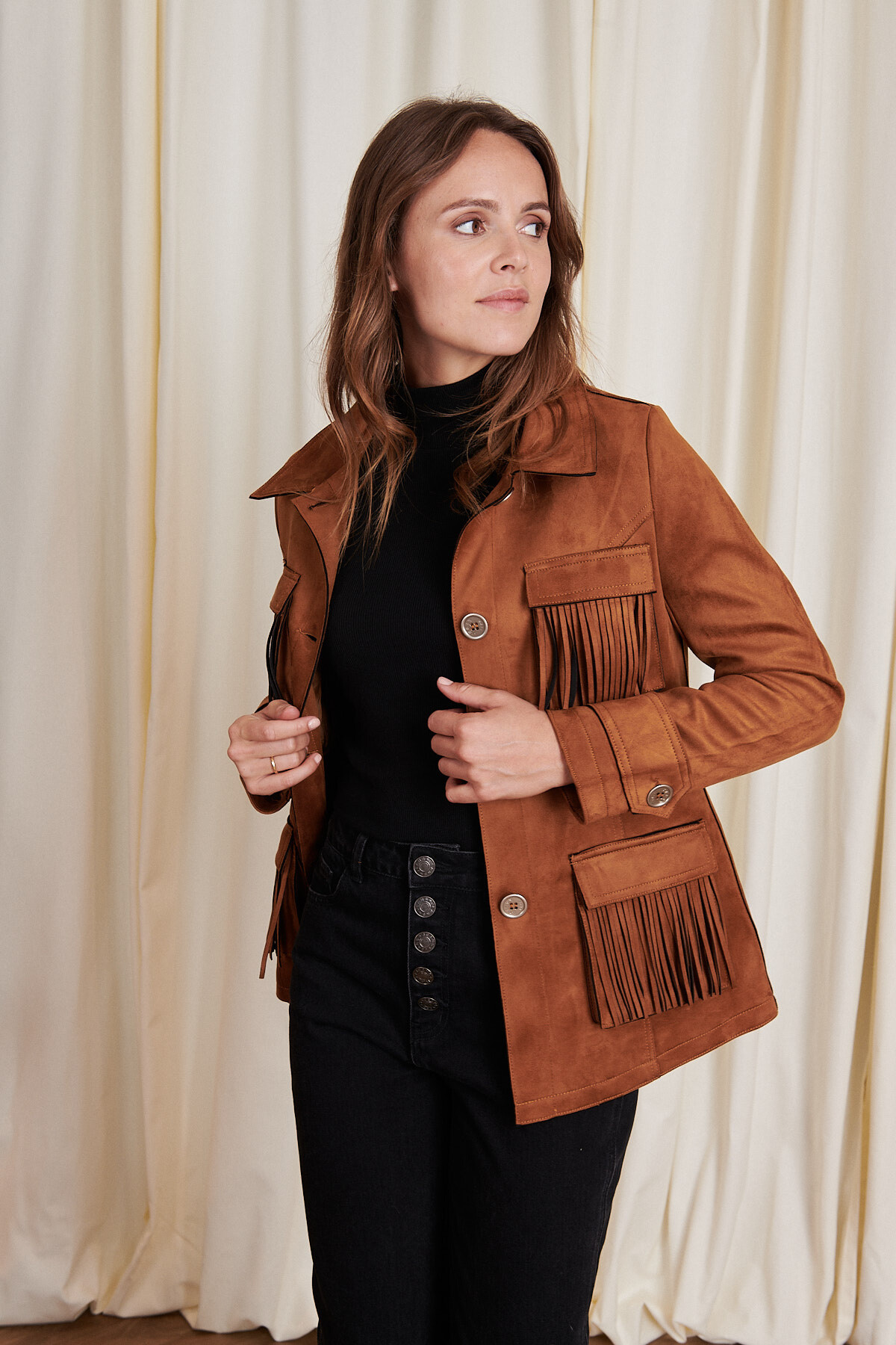 Wholesaler Jessy Line - Veste effet daim avec franges