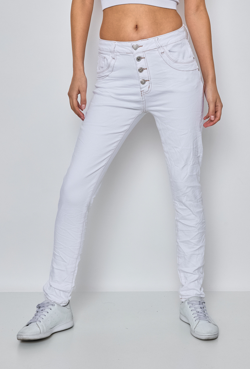 Grossiste Jewelly - JEAN BAGGY  BLANC AVEC COUTURE  CAMEL