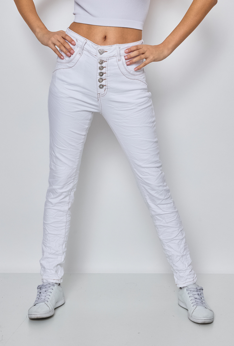 Grossiste Jewelly - JEAN BAGGY  BLANC 6 BOUTON  AVEC COUTURE  CAMEL