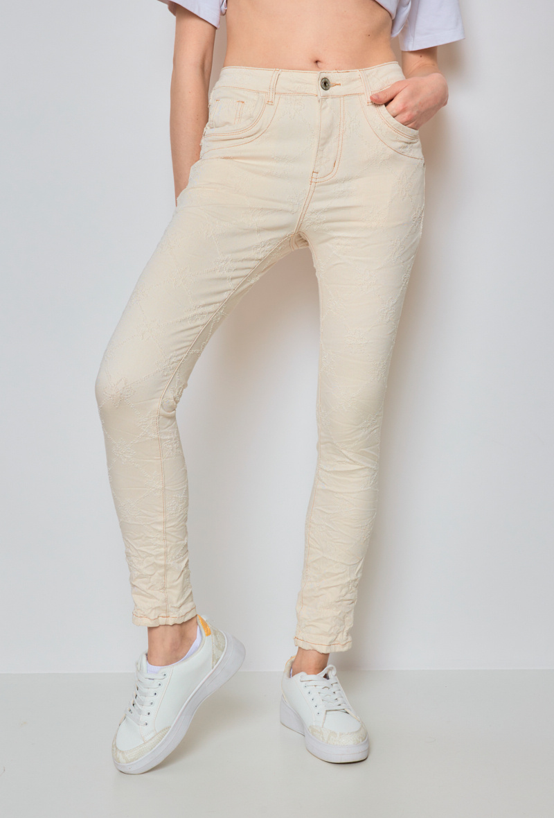 Grossiste Jewelly - JEANS BAGGY BEIGE EFFET BODERIE