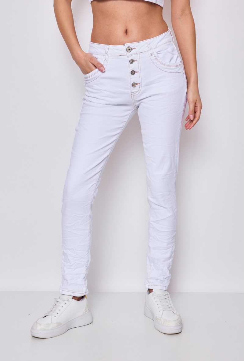Grossiste Jewelly - JEAN BAGGY  BLANC AVEC COUTURE  CAMEL