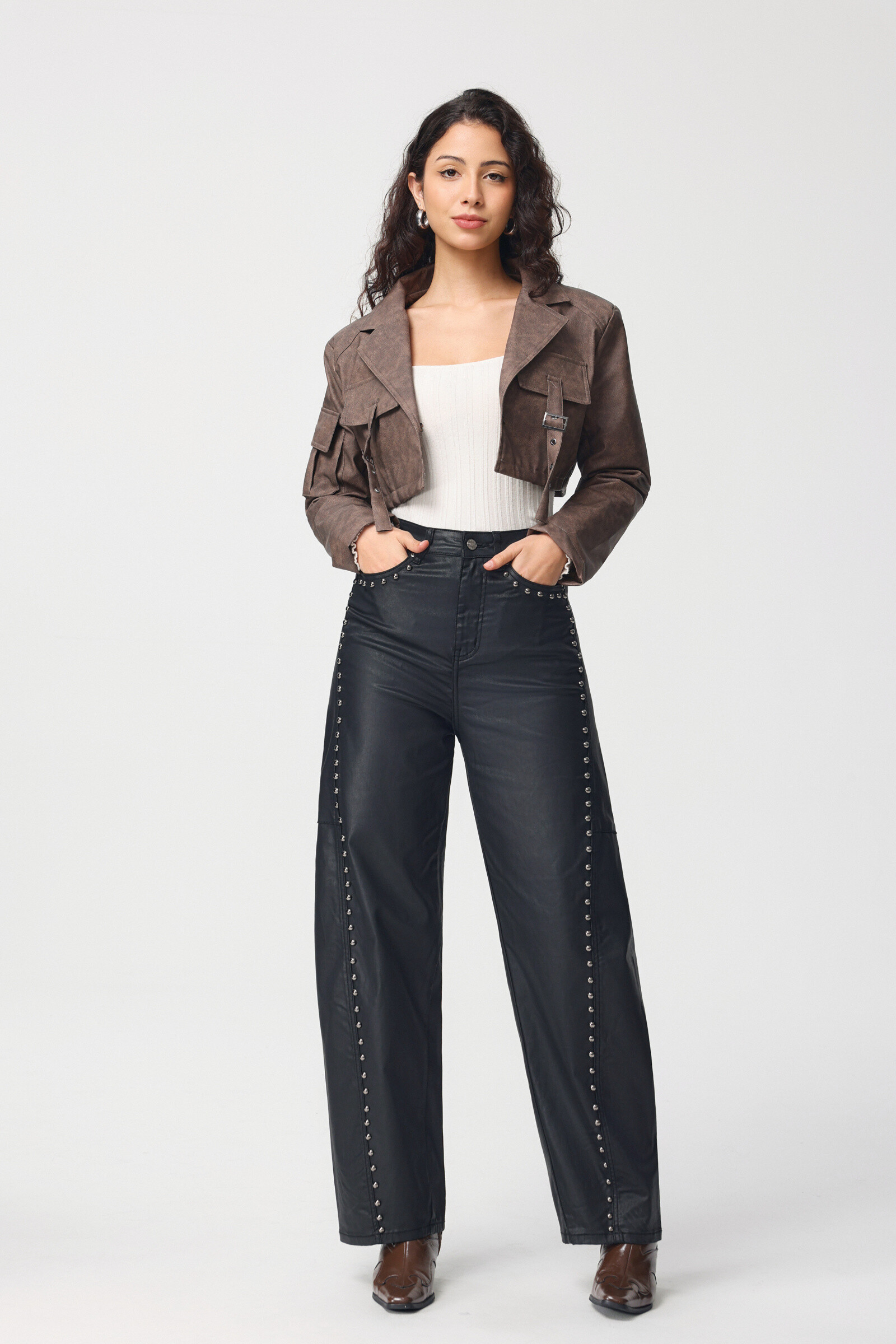 Black coated studded balloon-fit trousers