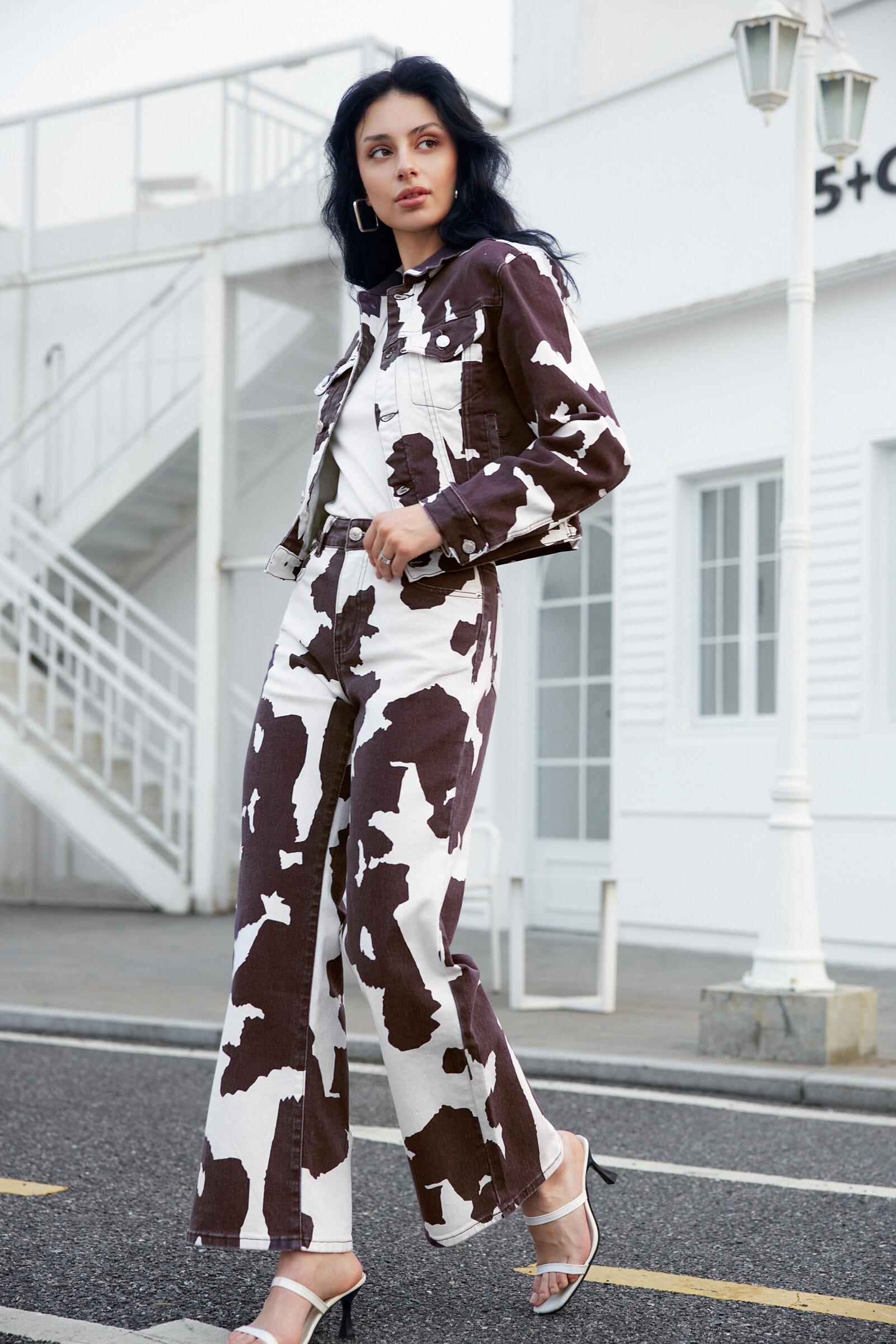Cow printed jeans jacket