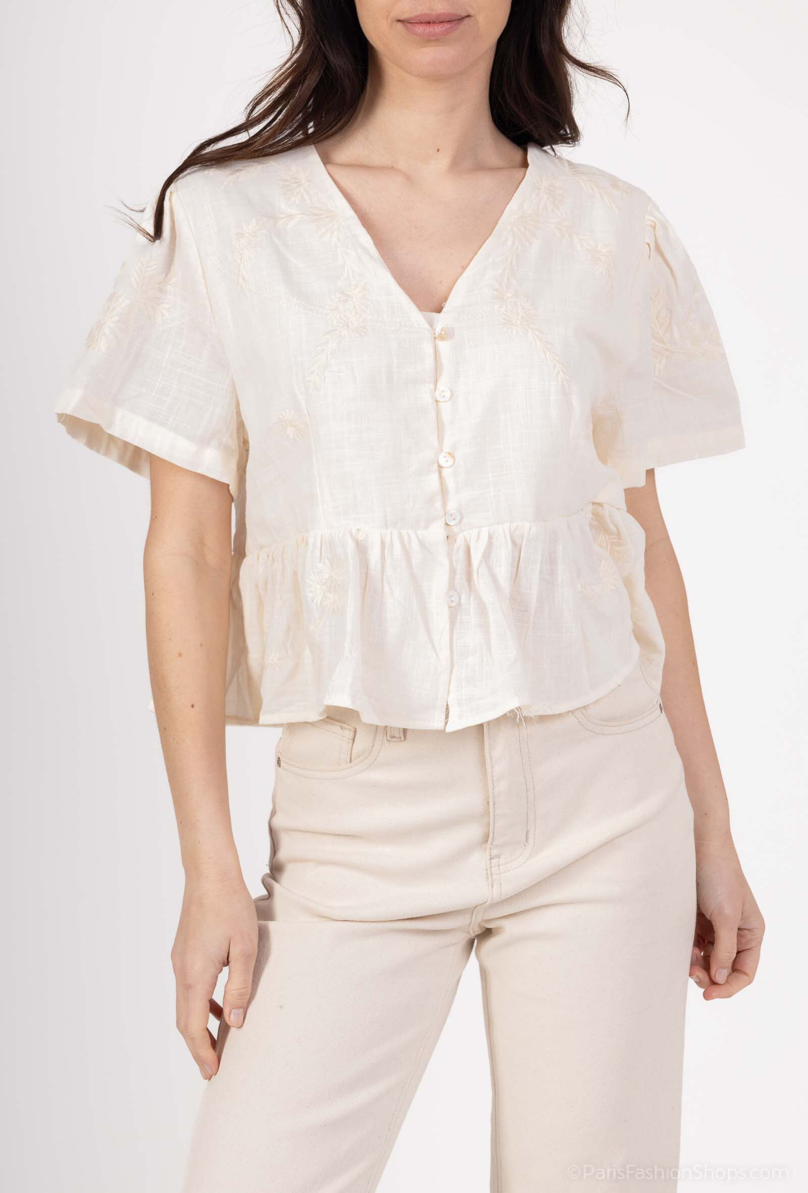 Wholesaler Joelly - Short-sleeved cotton top with floral embroidery and laces