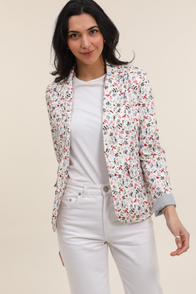 Grossista JOLIFLY - Giacca blazer con stampa fiori e maniche con revers rigati, vere tasche