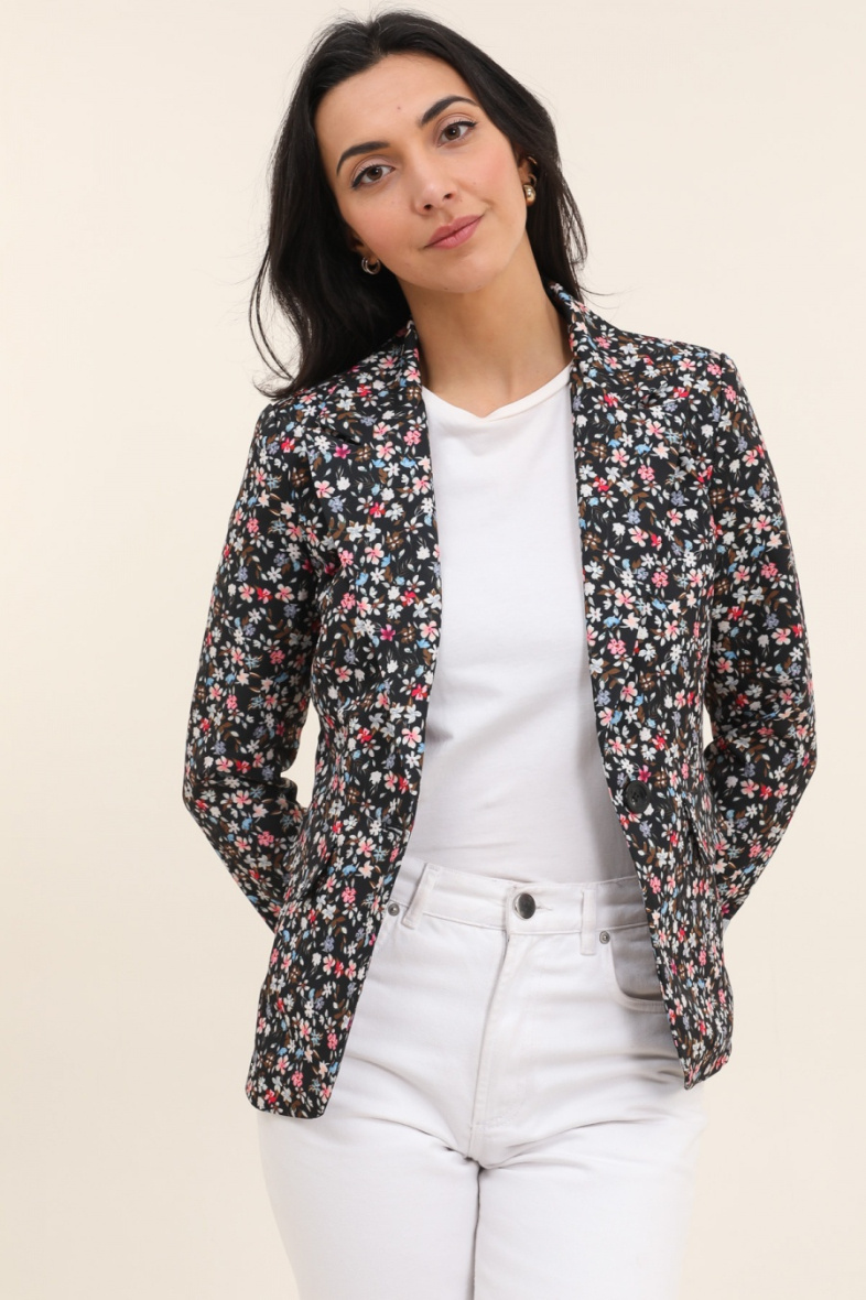Wholesaler JOLIFLY - Floral Print Blazer Jacket with Striped Cuff Sleeves and Real Pockets