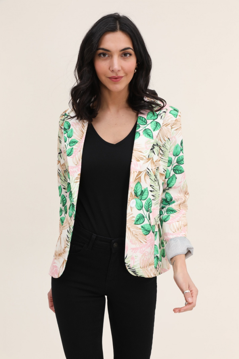 Grossista JOLIFLY - Giacca blazer con stampa floreale e maniche con risvolto a righe