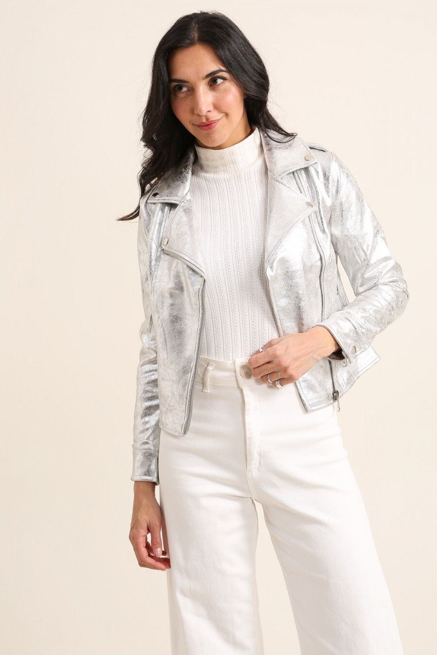 Mayorista JOLIFLY - Chaqueta perfecto de ante metalizado - Acabado brillante dorado o plateado