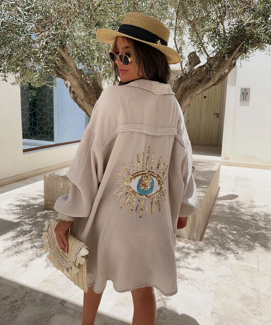 Mayorista JOLIFLY - Camisa de gran tamaño en una gasa de algodón con bordado ocular