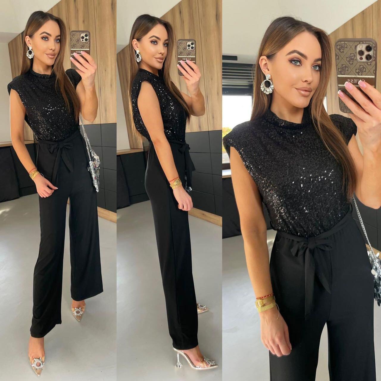 Wholesaler JOLIFLY - Chic black sequin jumpsuit – elegance and evening allure
