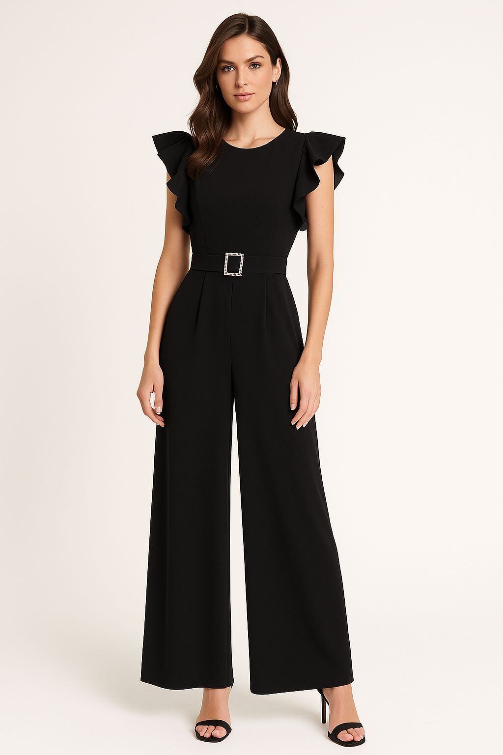 Mayorista JOLIFLY - Mono Elegante Negro con Volantes y Cinturón de Strass