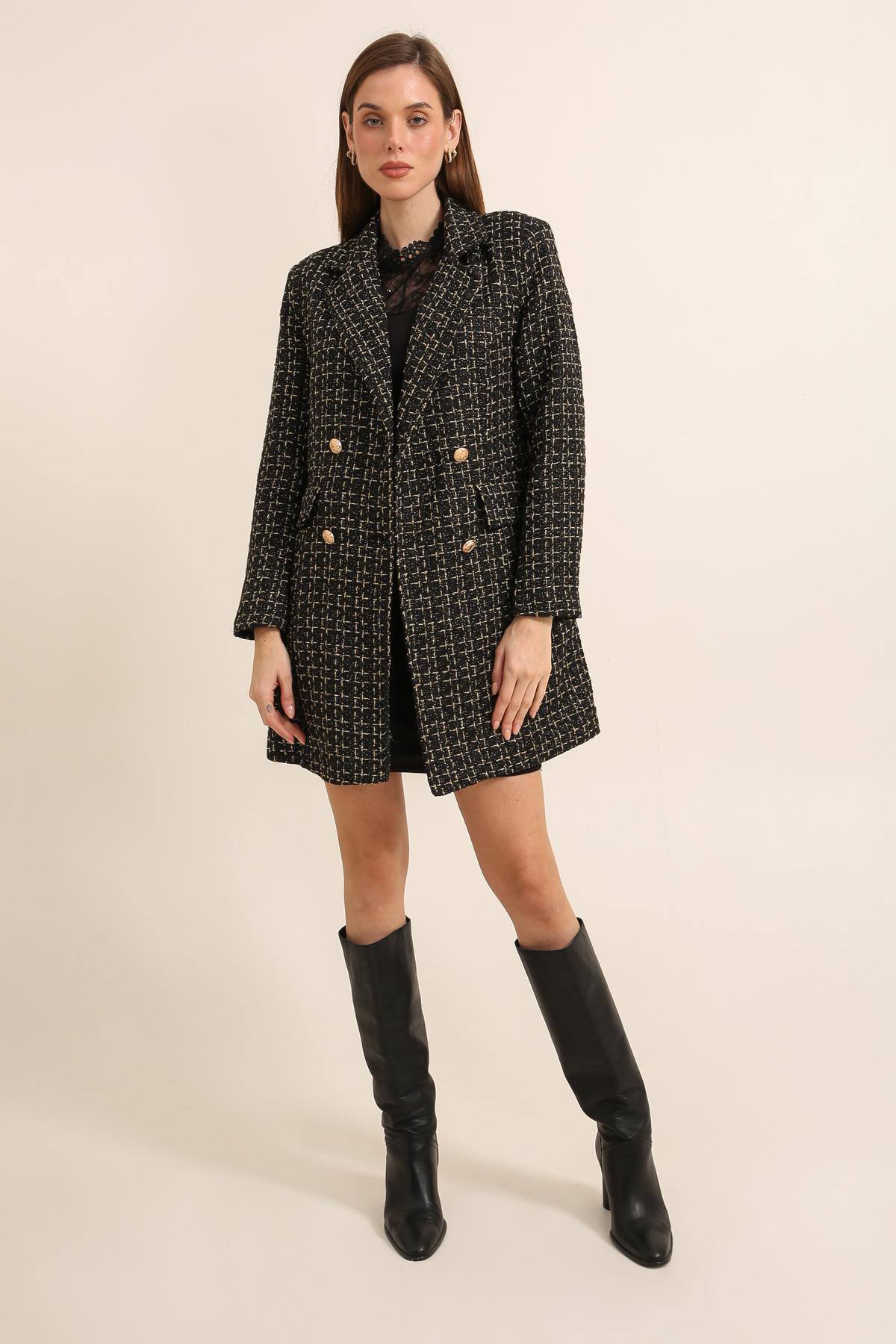 Wholesaler JOLIFLY - Long tweed coat with gold double-breasted buttons – Sizes S to XXL