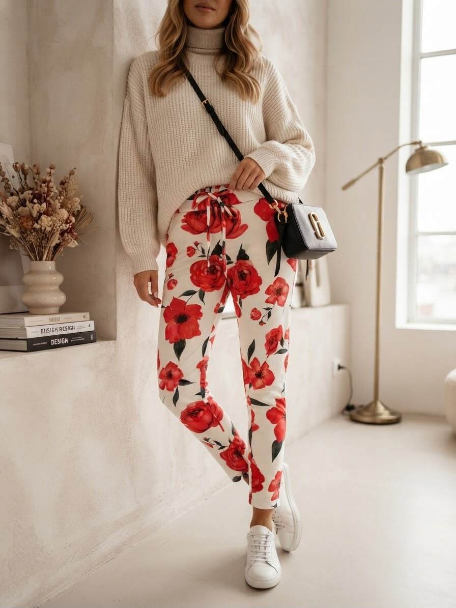Wholesaler JOLIFLY - Red and Cream Floral Print Jogger Pants - Casual Elegance