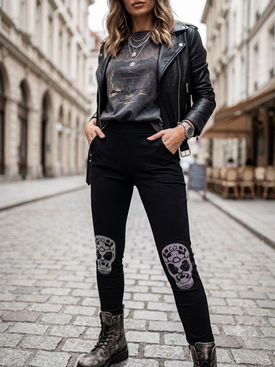 Grossiste JOLIFLY - Legging Noir Chaine & Strass Géométriques – L'audace du détail