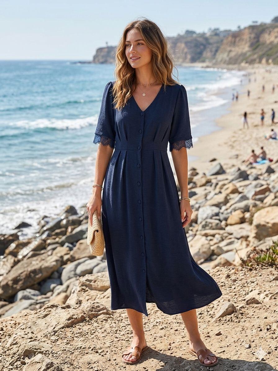 Wholesaler JOLIFLY - Elegant Buttoned Lace Dress – Mid-Length Sleeves