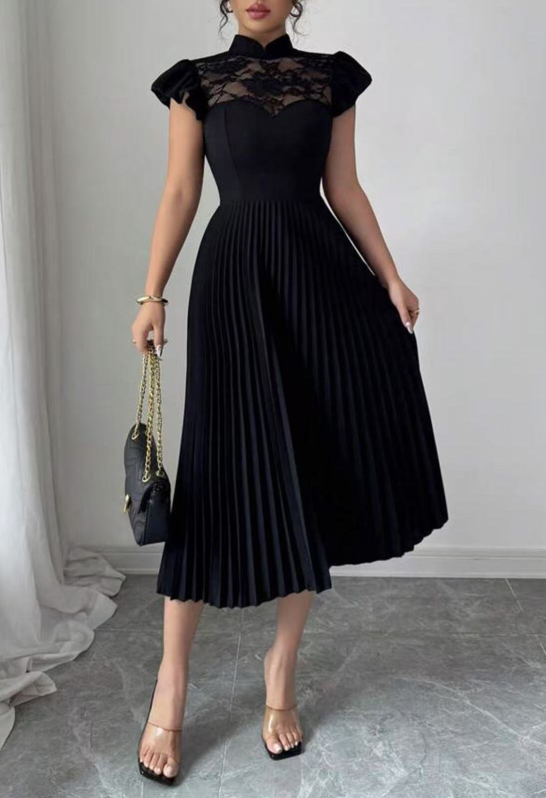 Mayorista JOLIFLY - Vestido negro elegante de encaje y plisado