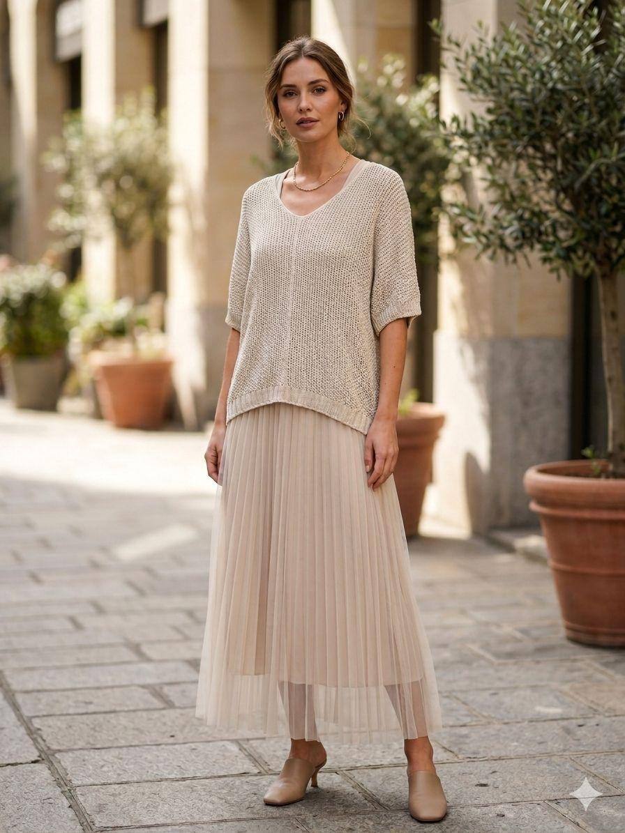 andwang Airy Knit Pleated Dress Set サイズM 2-in-1 Set: Long Pleated Tulle Dress & Open-Knit Sweater | Paris