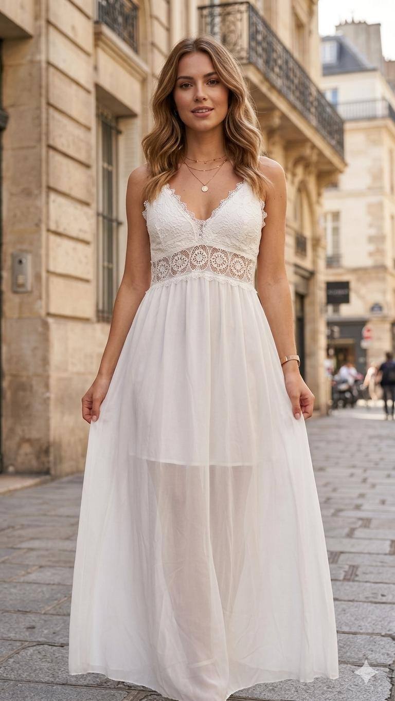Grossista JOLIFLY - Abito Maxi Boho Chic – Bustier in Pizzo & Gonna in Velo
