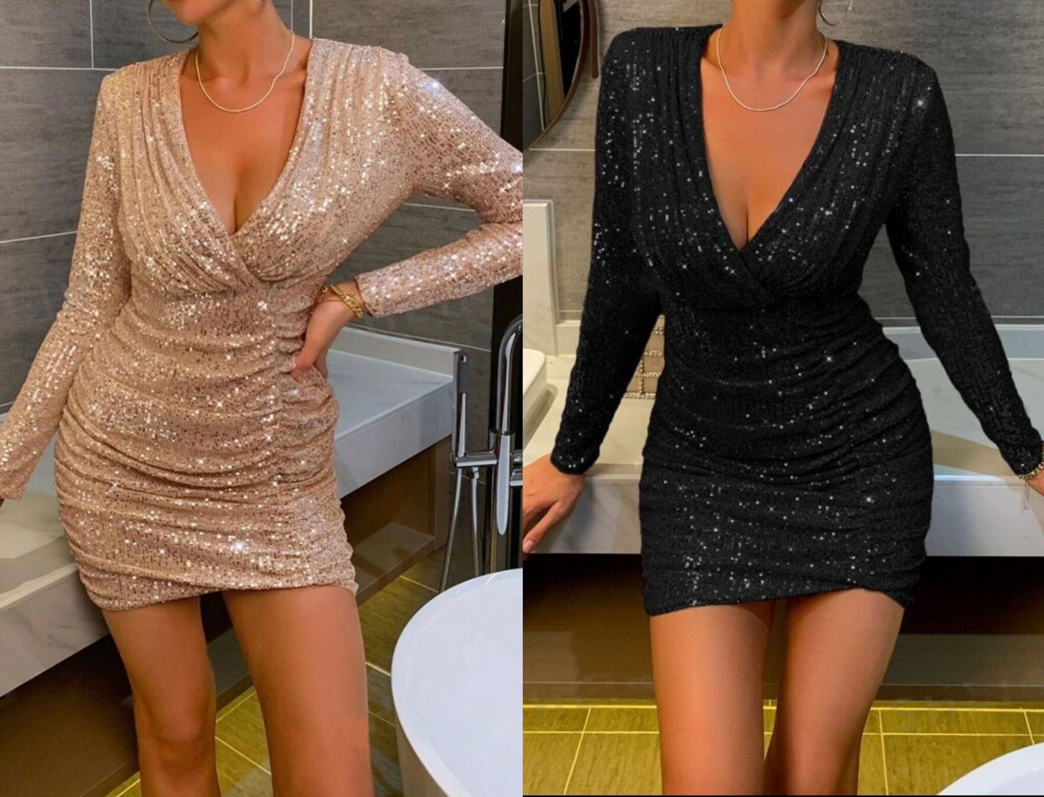 Wholesaler JOLIFLY - Glamorous Sequin Dress – Long Sleeves & Crossed Neckline