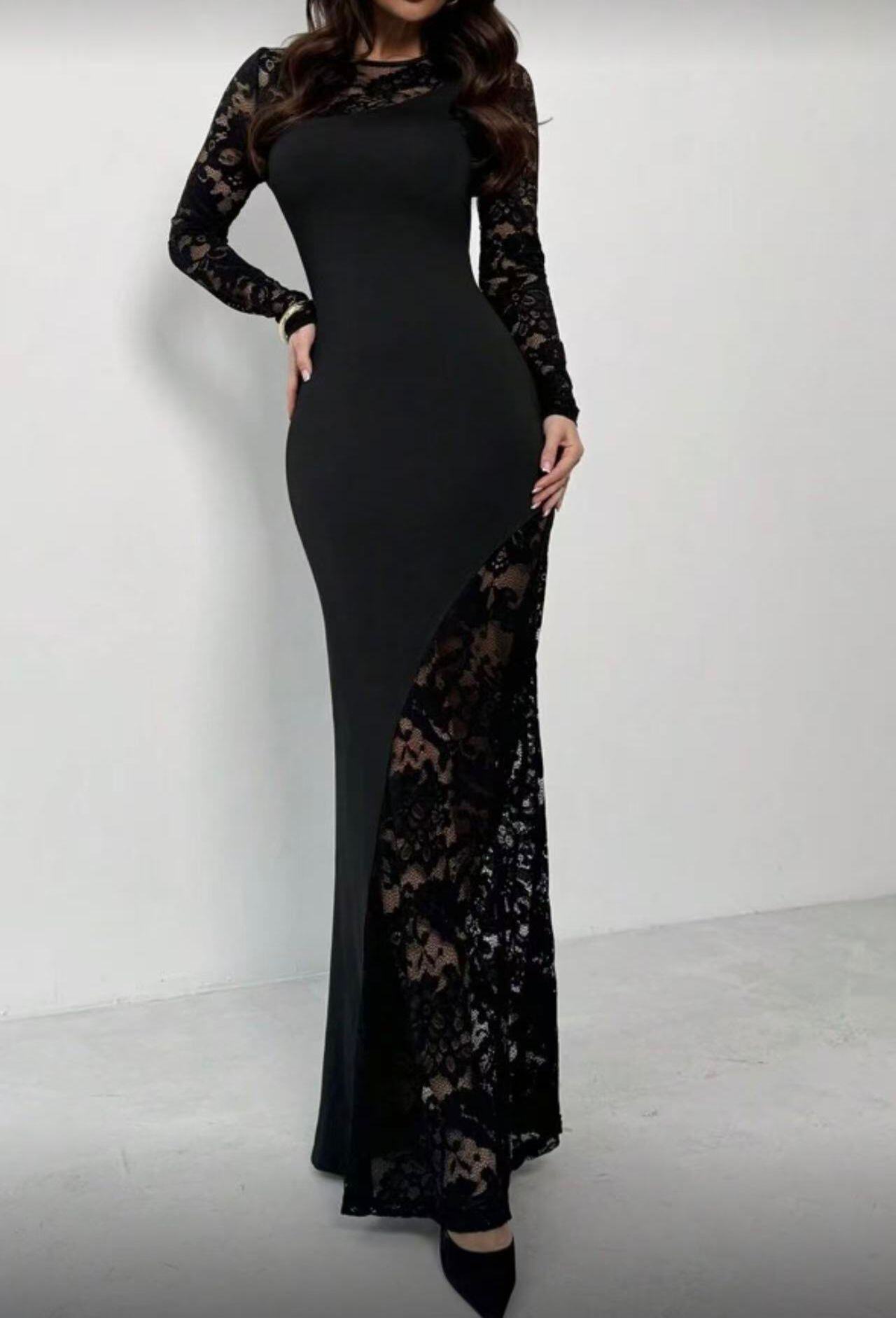 Wholesaler JOLIFLY - Elegant Black Long Lace Dress – Asymmetrical Mermaid Cut