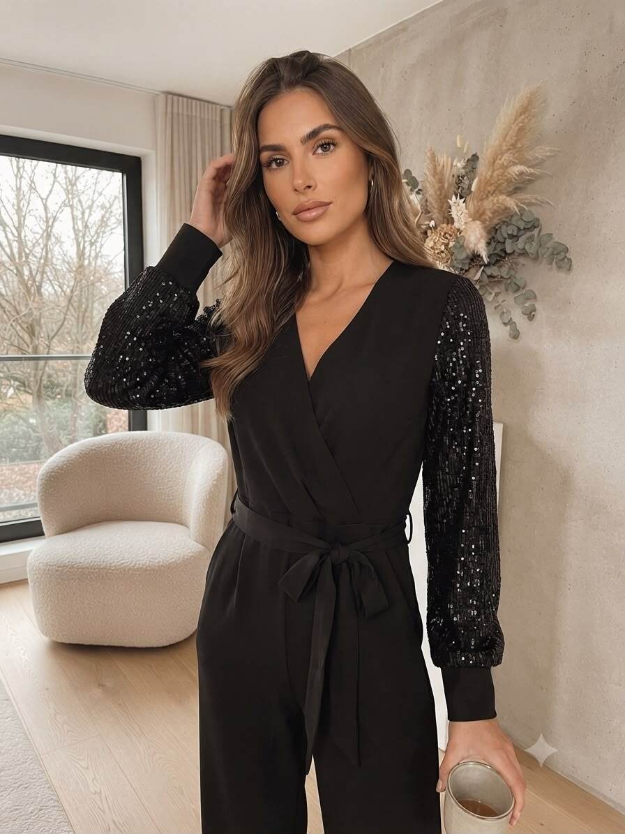 Wholesaler JOLIFLY - Black Jumpsuit with Sequin Sleeves