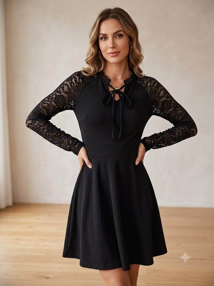 Grossiste JOLIFLY - Robe Patineuse Noire à Col Noué et Manches en Dentelle – Quintessence de l'Élégance Romantique