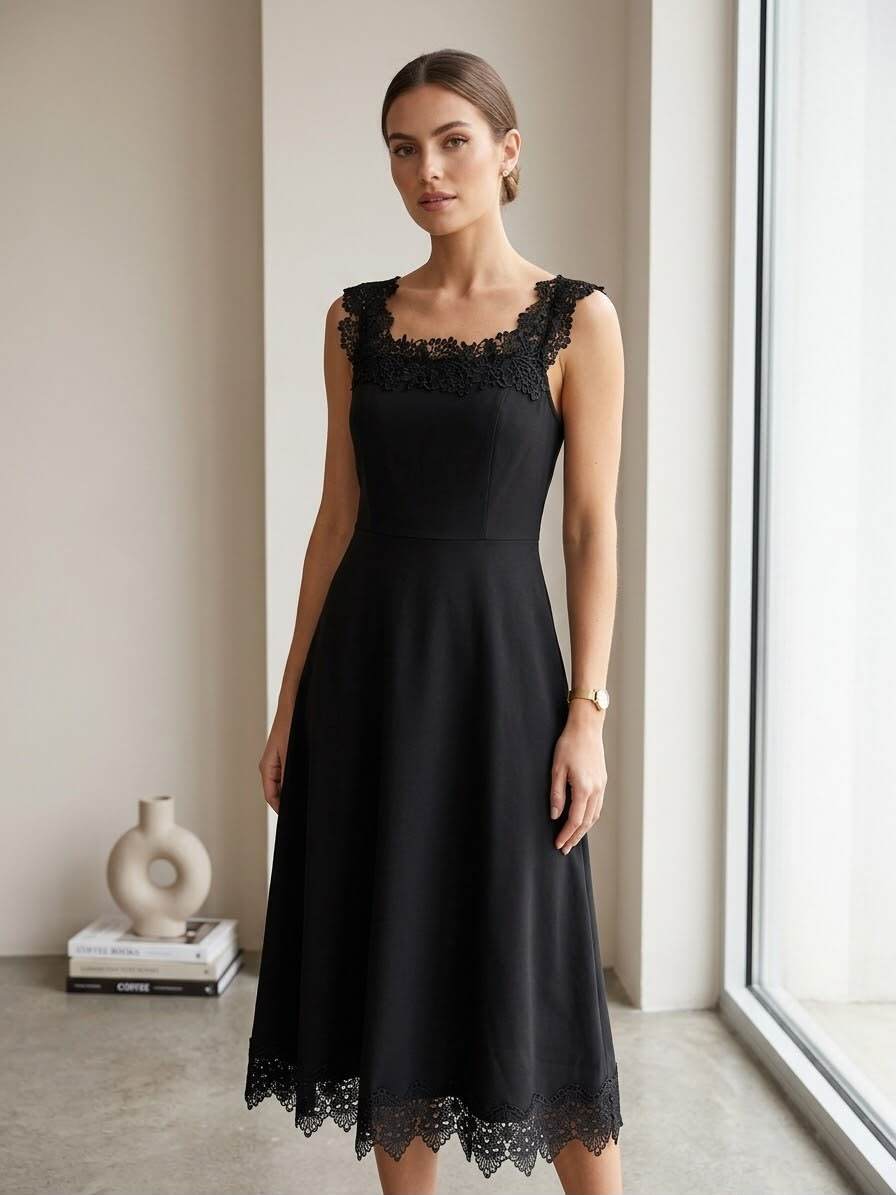 Grossiste JOLIFLY - Robe Midi Évasée Noire à Détails Dentelle