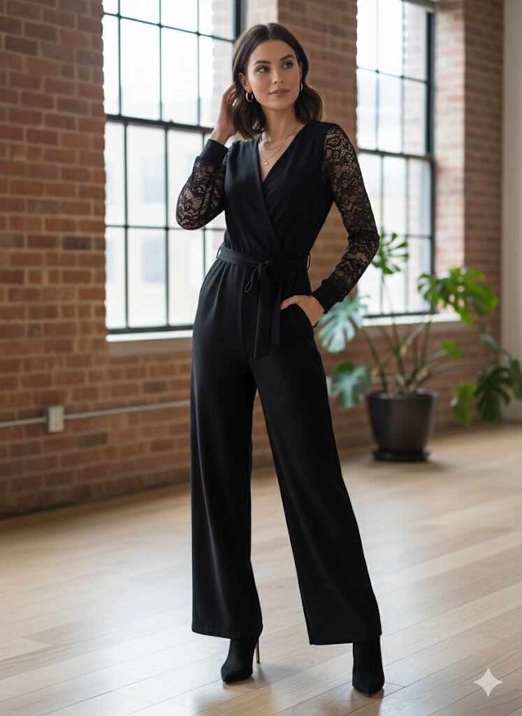 Combinaison noire élégante à manches dentelle – Coupe portefeuille & jambes larges

Découvrez l’allure chic et intemporelle de cette combinaison noire, parfaite pour les soirées, les évènements ou pour une tenue habillée moderne. Sa coupe féminine et ses détails en dentelle apportent un charme sophistiqué tout en restant confortable et flatteur pour toutes les silhouettes.

✨ Détails du produit
● Haut croisé style portefeuille

Encolure en V subtile et élégante.

Coupe croisée qui met en valeur le décolleté tout en restant très chic.

Tombé fluide et structuré, parfait pour allonger la silhouette.

● Manches longues en dentelle transparente

Dentelle florale délicate pour un look féminin & raffiné.

Jeu de transparence qui ajoute modernité et élégance.

Poignets unis pour une finition propre et stylée.

● Taille ceinturée

Ceinture intégrée à nouer pour ajuster parfaitement la taille.

Permet de dessiner la silhouette et d’affiner la taille.

Nœud discret et chic.

lot  5 pcs : s m l xl xxl 

● Pantalon coupe large

Jambes droites et longues, effet “pantalon palazzo”.

Allonge la silhouette et apporte un tombé fluide.

Très confortable, idéal pour danser ou marcher en soirée.

⭐ Style & Occasions

Cette combinaison est idéale pour :
✔︎ Soirées chic
✔︎ Mariages & cérémonies
✔︎ Dîners élégants
✔︎ Évènements professionnels
✔︎ Look de fête ou de fin d’année

Elle s’associe parfaitement avec des talons, une pochette et quelques bijoux dorés ou argentés.

📏 Coupe & Fit

Coupe fluide et flatteuse.

Taille marquée, buste croisé et jambes évasées pour un effet silhouette élancée.

Convient à toutes les morphologies grâce au haut portefeuille et à la ceinture ajustable.

🧵 Composition & entretien

Matière principale : polyester premium fluide, agréable à porter.

Manches : dentelle délicate.

Entretien facile : lavage délicat conseillé.