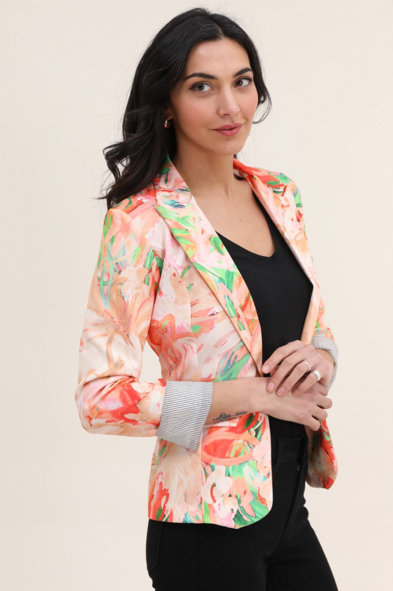 Grossista JOLIFLY - Giacca blazer con stampa floreale e maniche con risvolto a righe